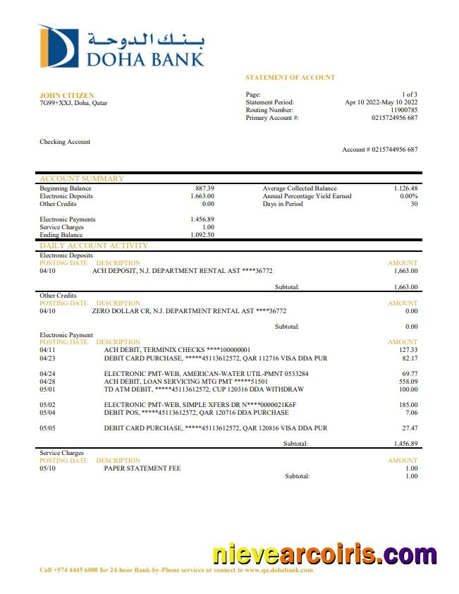 Qatar Doha Bank statement